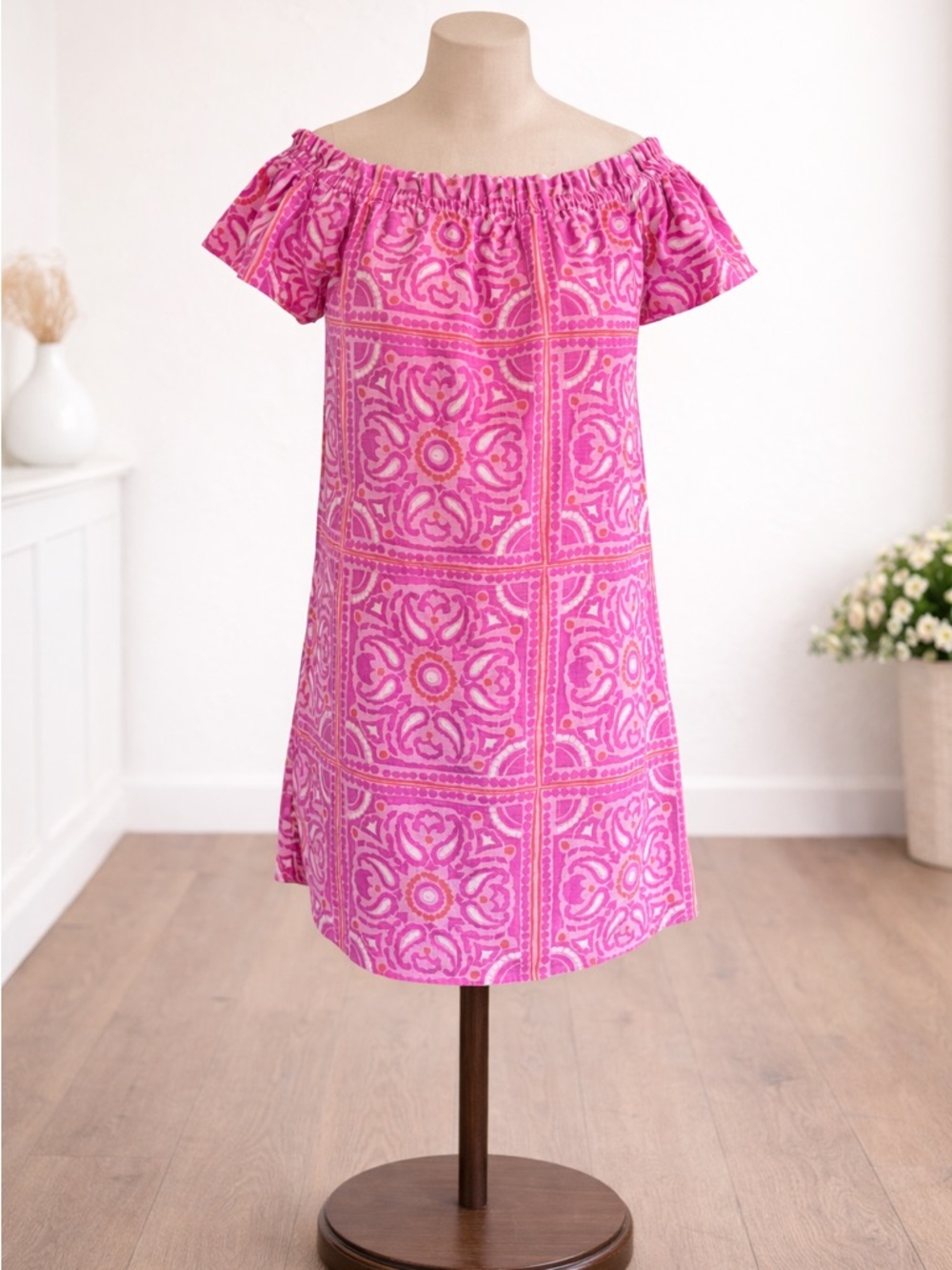 Vineyard Vines Pink Off Shoulder Dress | Size S | Cotton Tile Print